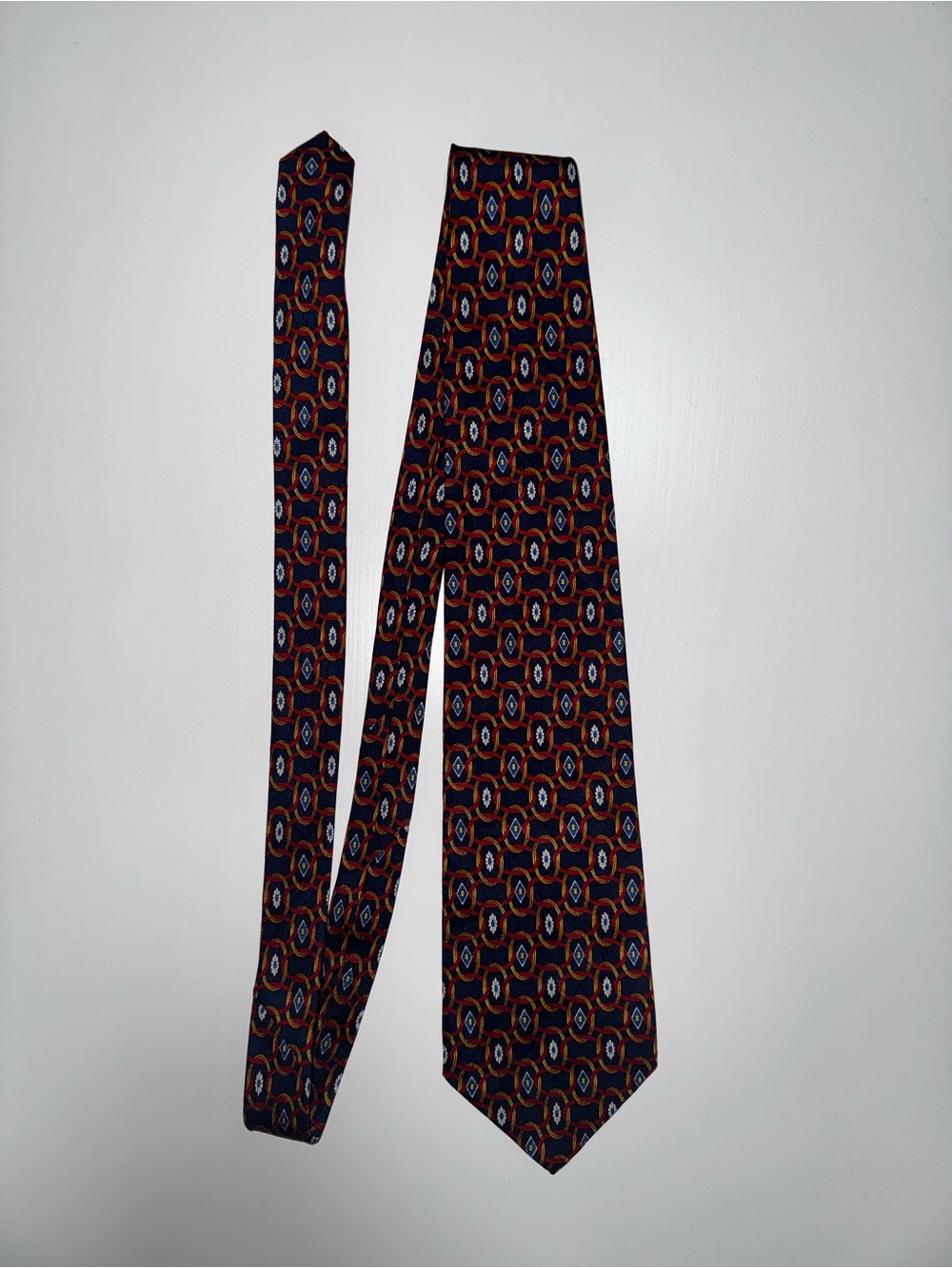 Andrea Visconti Men's Woven Silk Geometric Pointed Tie Navy Red Gold Italy